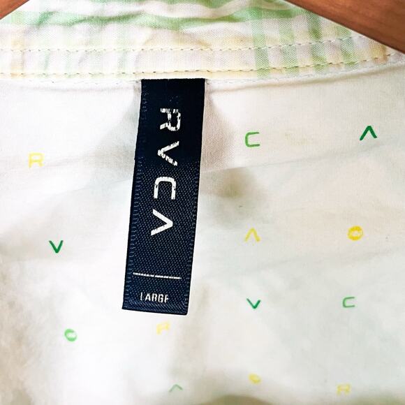 RVCA Mens Button Up Shirt - Green Yellow White Plaid, Size L - Picture 6 of 8